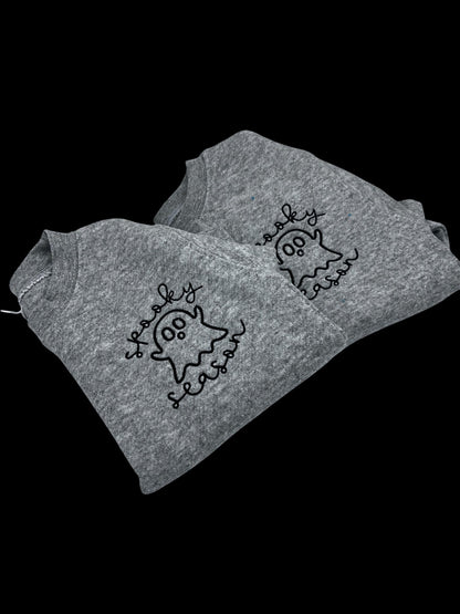 Kids Embroidered Pocket Spooky Season Ghost Sweatshirt – Halloween Tee – Cozy Fall Embroidery Shirt Embroidered pocket Ghost