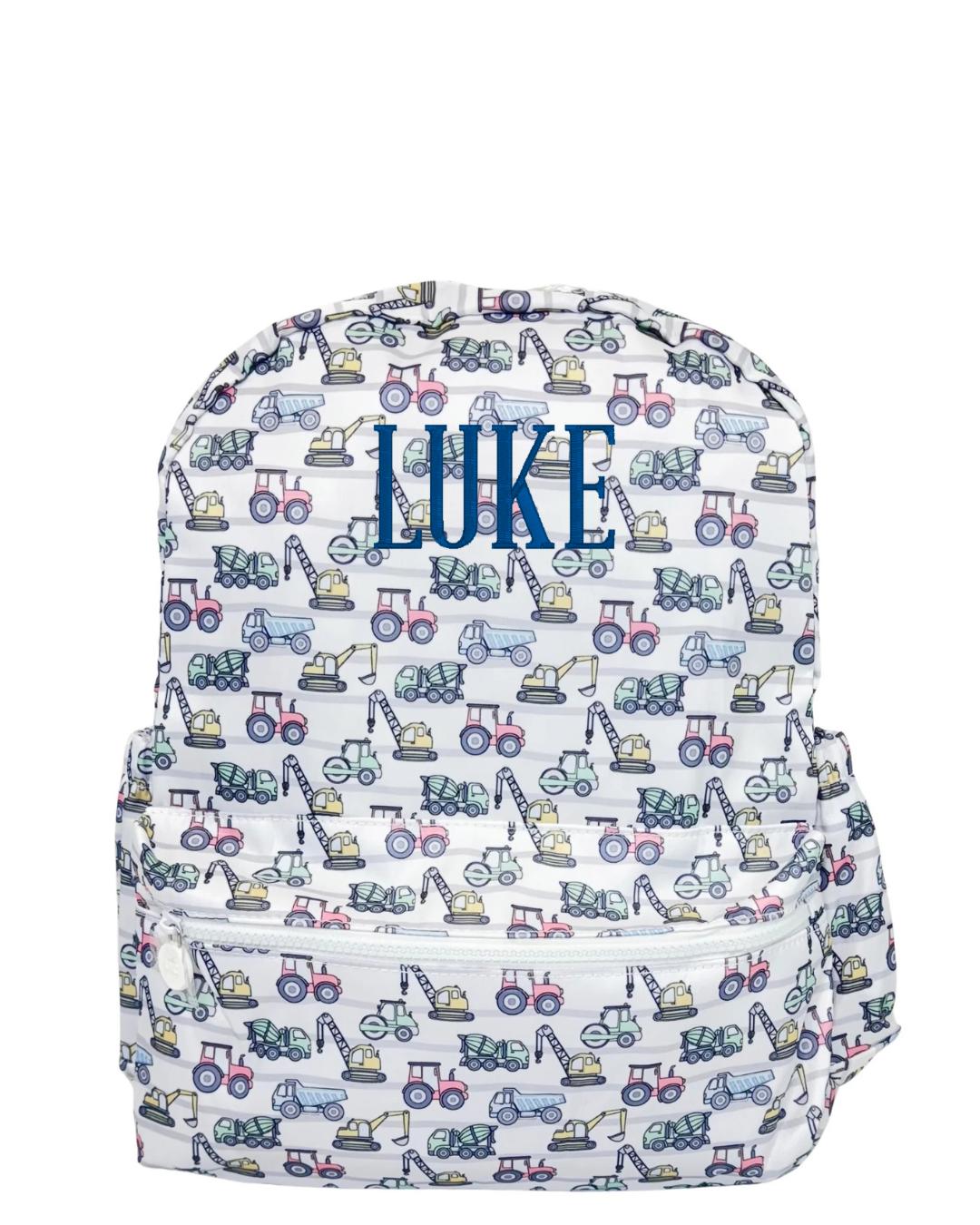 Personalized Construction Truck Backpack – Toddler, Full Size, Lunch Bag, Nap Mat