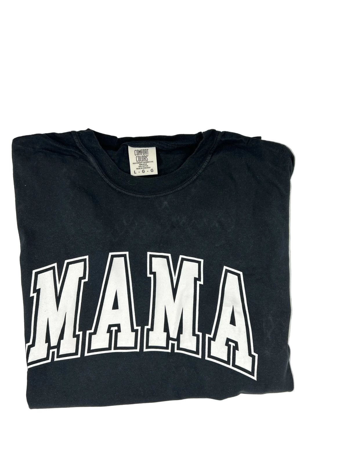 Nannette's Online Designs black crewneck t-shirt with white arched MAMA graphic text in a collegiate style