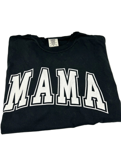 Nannette's Online Designs black crewneck t-shirt with white arched MAMA graphic print in a collegiate style