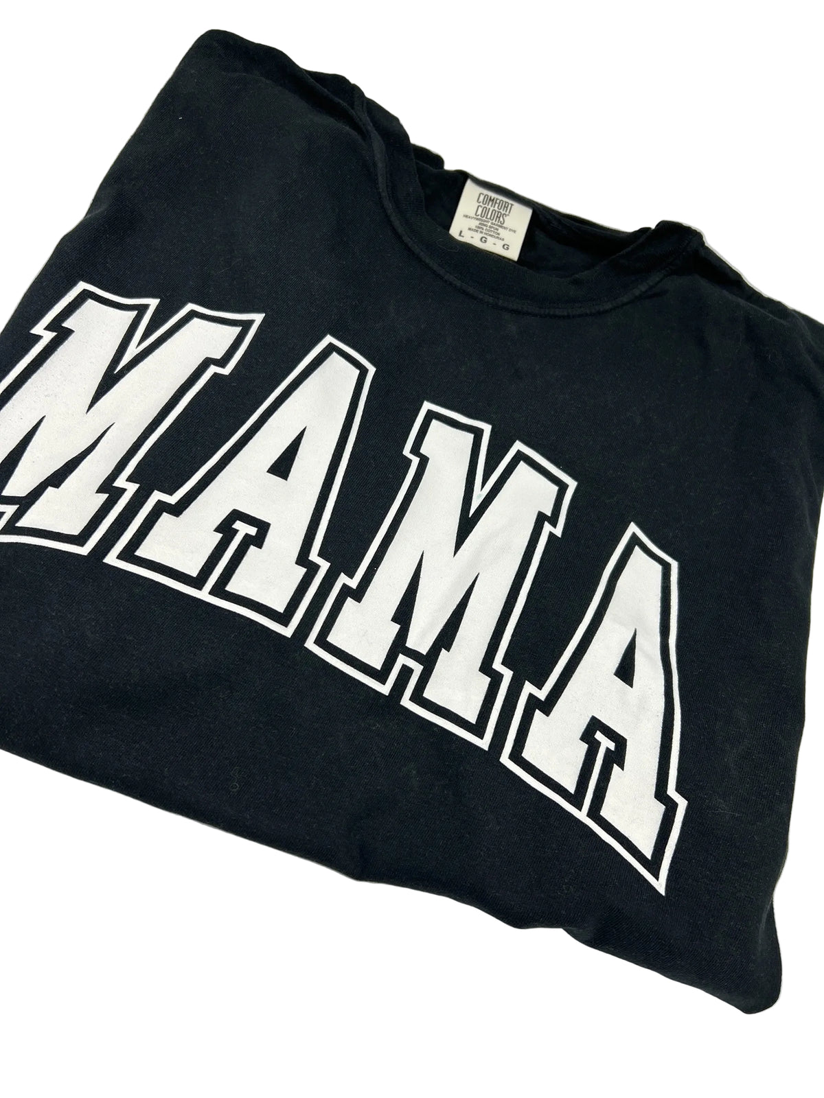 Nannette's Online Designs black crewneck t-shirt with white collegiate-style MAMA graphic print