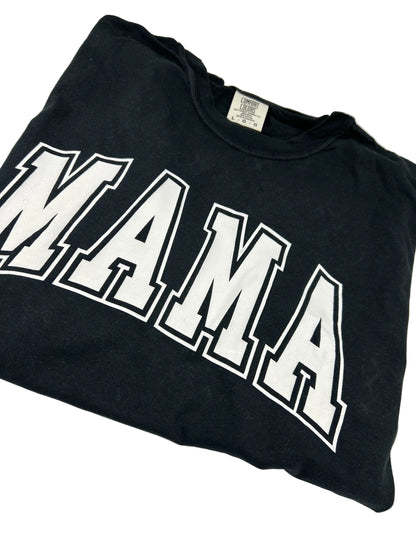 Nannette's Online Designs black crewneck t-shirt with white collegiate-style MAMA graphic print
