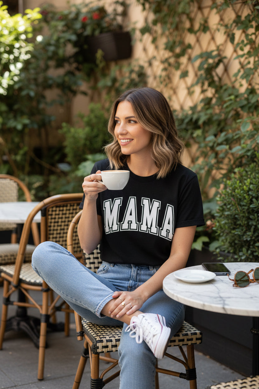 Nannette's Online Designs black crewneck t-shirt featuring white arched MAMA collegiate-style graphic lettering