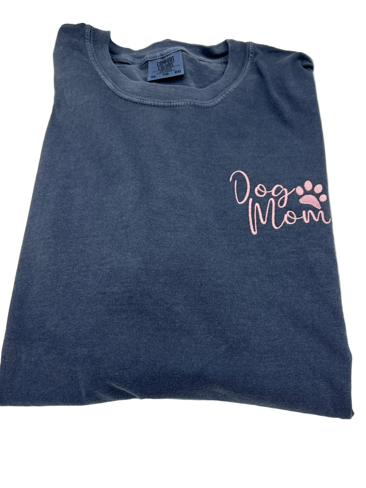 Nannette's Online Designs blue-grey garment-dyed cotton t-shirt with soft pink embroidered Dog Mom text and paw print