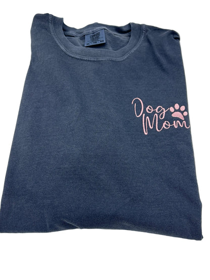 Nannette's Online Designs blue-grey garment-dyed cotton t-shirt with soft pink embroidered Dog Mom text and paw print