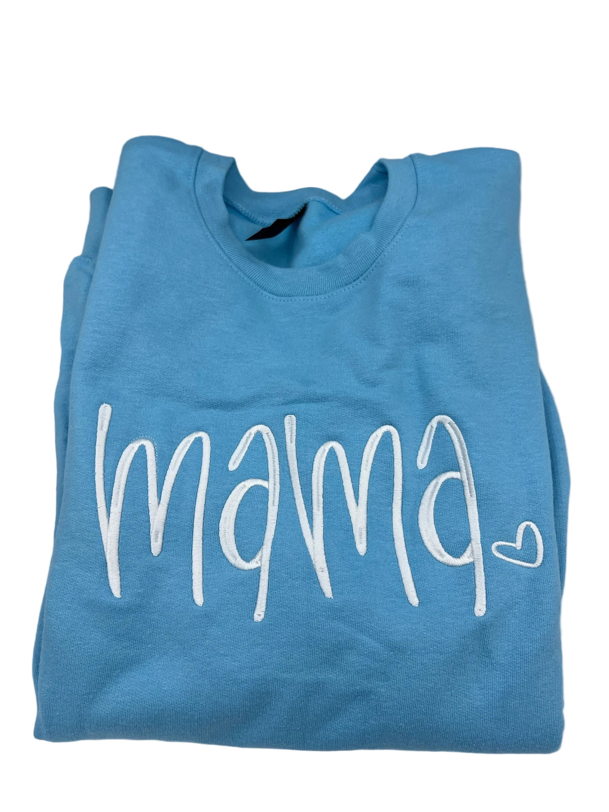Nannette's Online Designs light blue crewneck sweatshirt with white embroidered mama script and heart detail