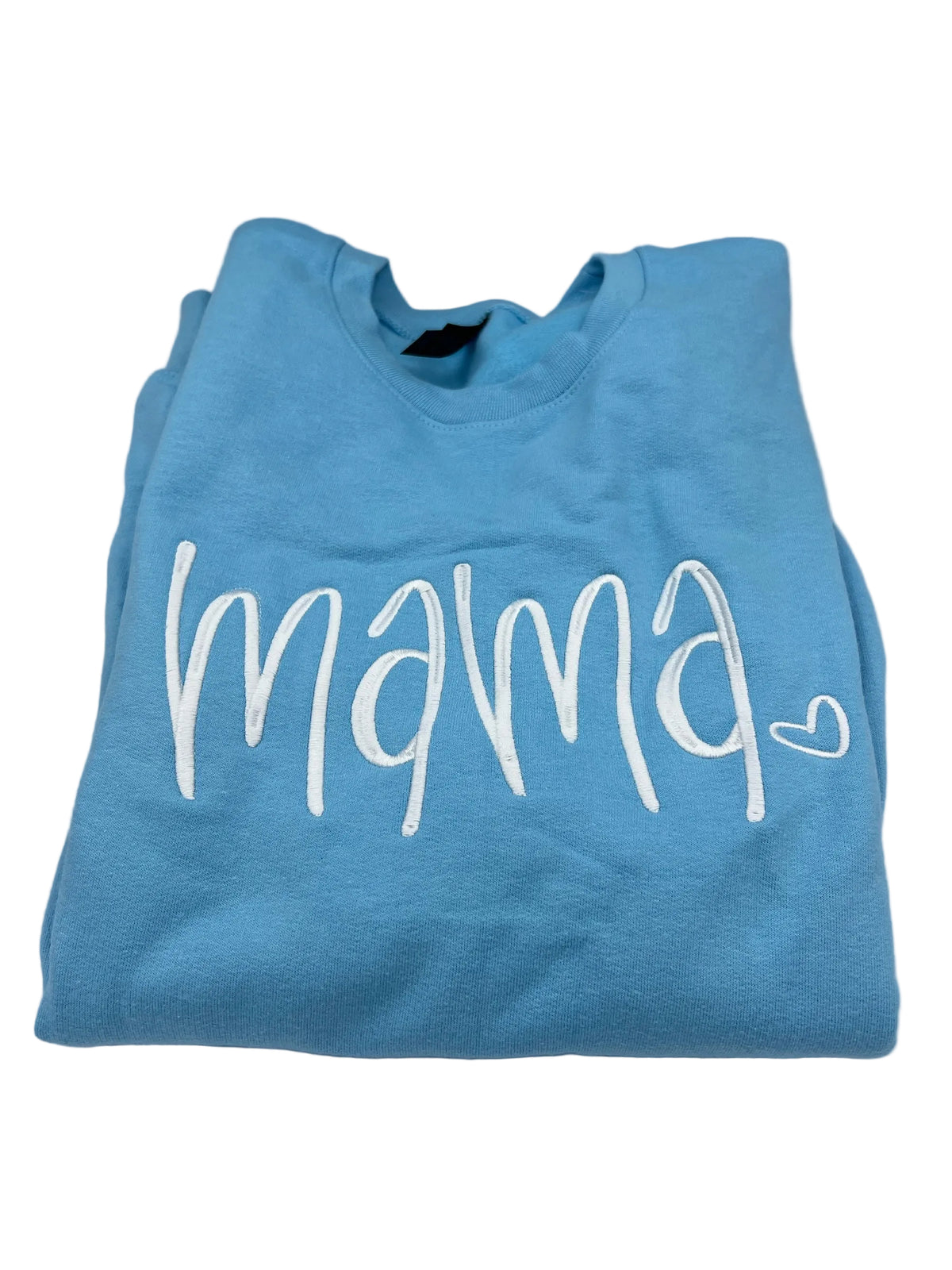 Nannette's Online Designs light blue crewneck sweatshirt with white embroidered mama script and heart detail
