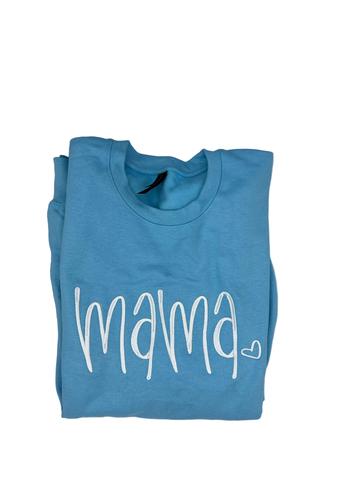 Nannette's Online Designs light blue crewneck sweatshirt with white embroidered mama script and heart detail.