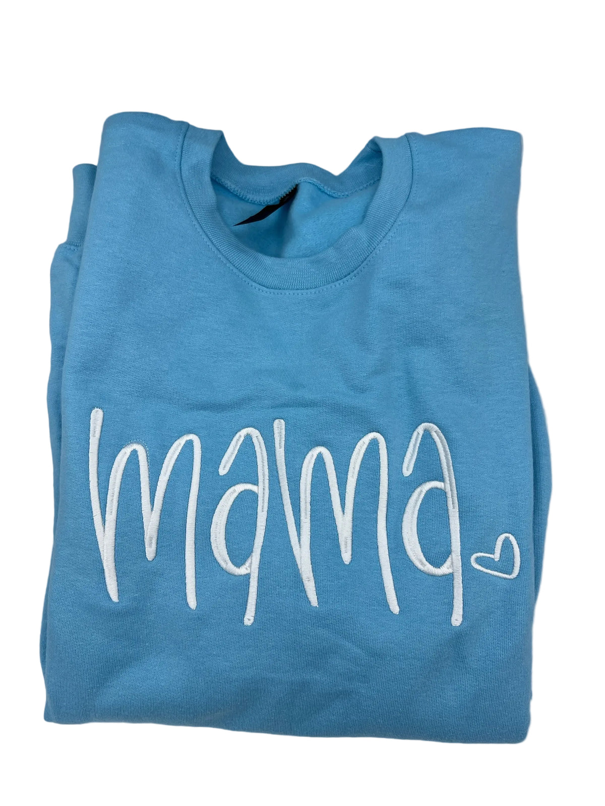 Nannette's Online Designs light blue crewneck sweatshirt with white embroidered mama script and a small heart detail.