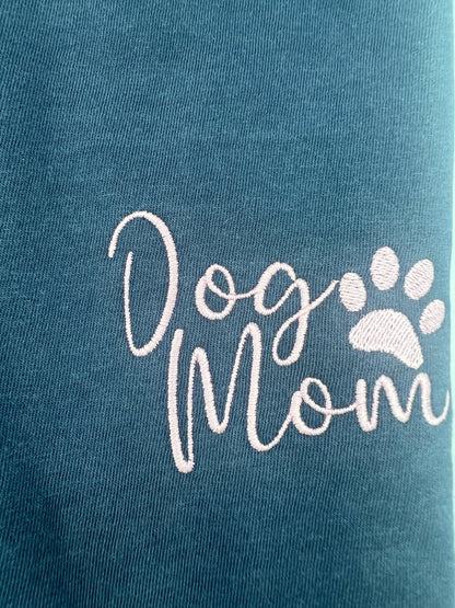 Nannette's Online Designs blue-grey cotton t-shirt featuring elegant pink embroidered Dog Mom text and a paw print.