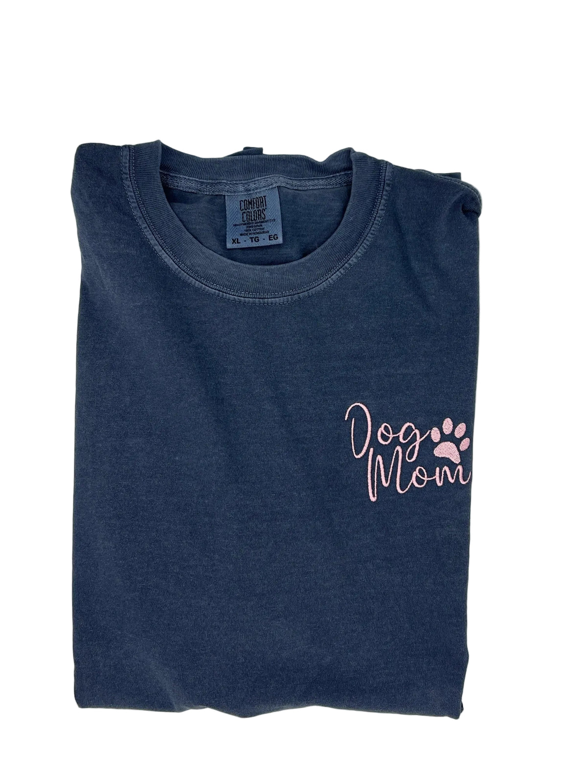 Nannette's Online Designs blue-grey garment-dyed cotton t-shirt with pink embroidered Dog Mom text and paw print