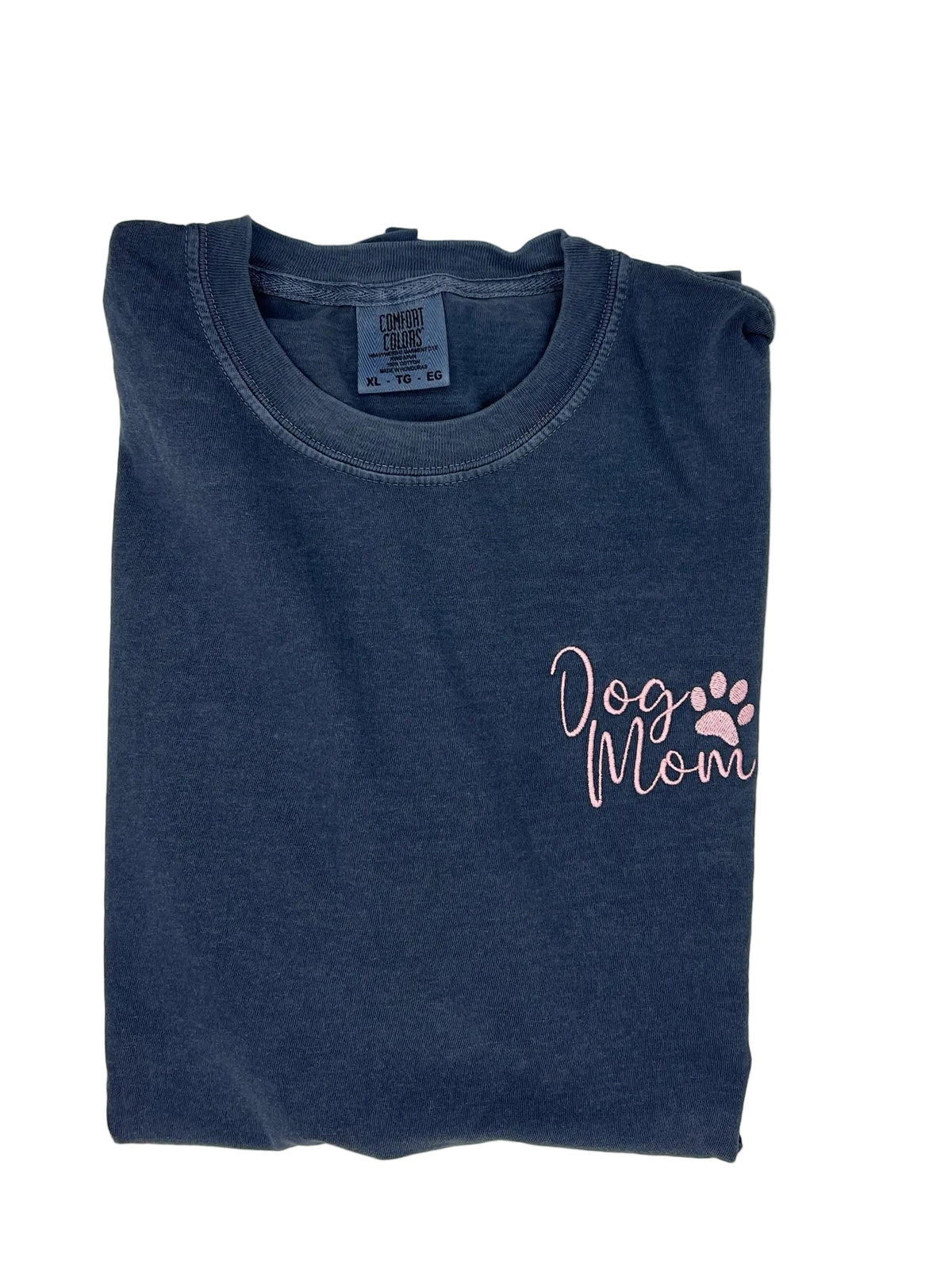 Nannette's Online Designs blue-grey garment-dyed cotton t-shirt with soft pink embroidered Dog Mom text and paw print