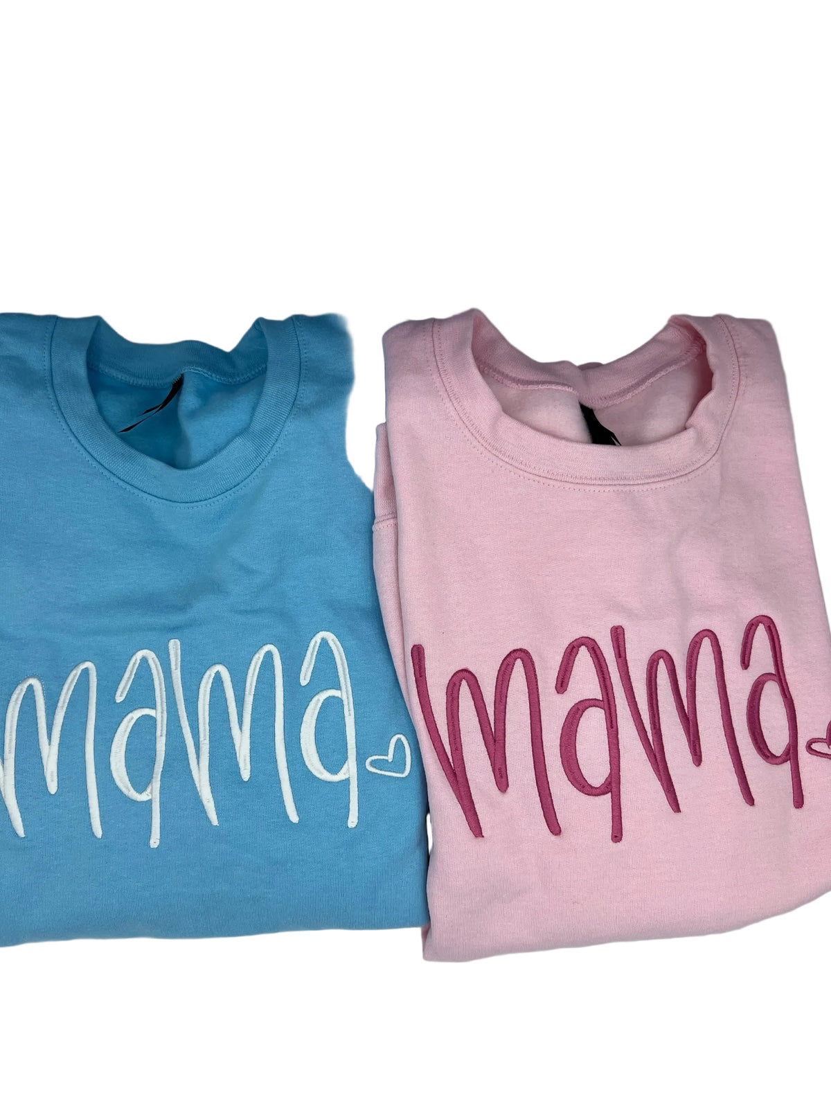 Nannette's Online Designs embroidered mama crewneck sweatshirts in light blue and soft pink with heart detail