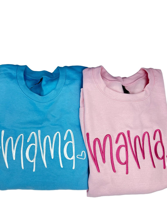 Nannette's Online Designs blue and pink crewneck sweatshirts with mama embroidered in script and a heart detail