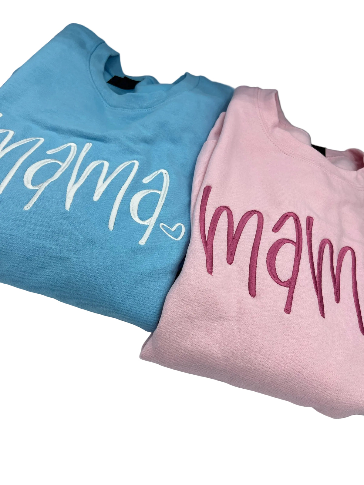 Nannette's Online Designs blue and pink crewneck sweatshirts with mama embroidery and heart detail