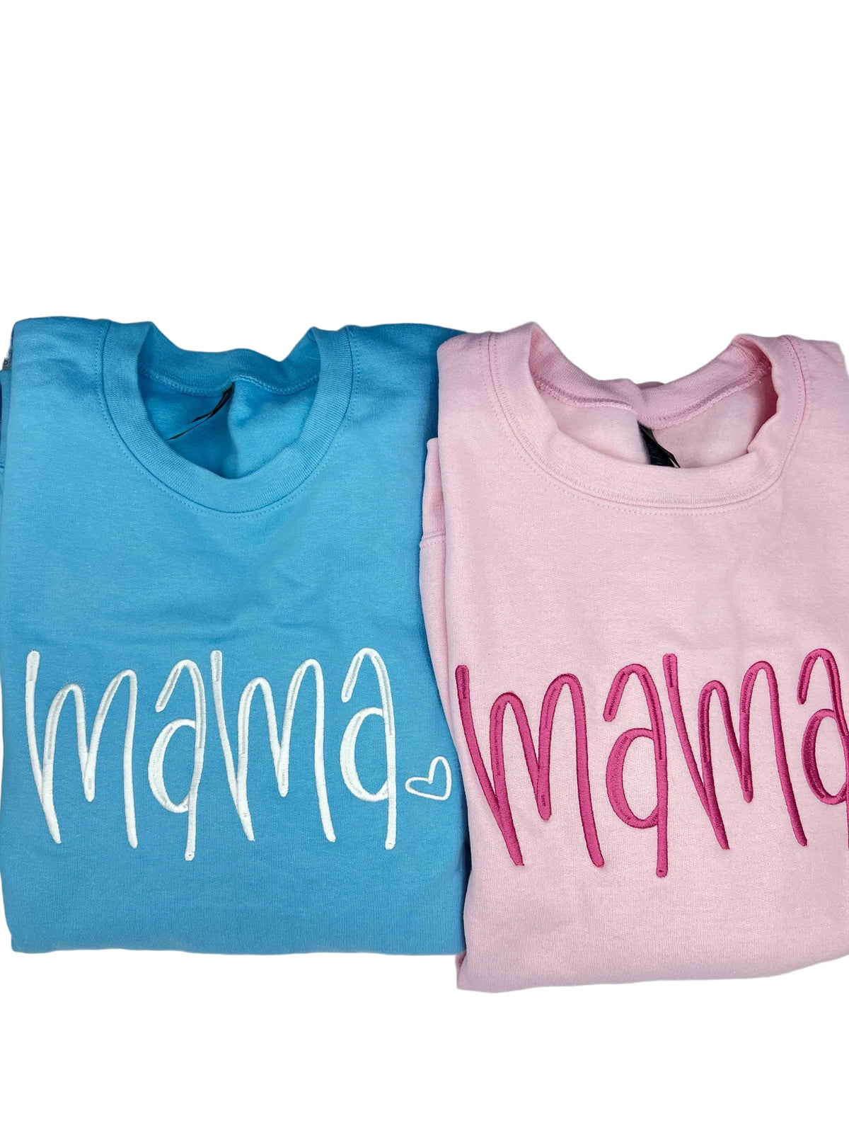 Nannette's Online Designs blue and pink crewneck sweatshirts with mama script embroidery and heart detail