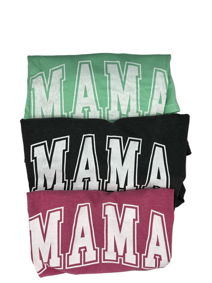 Nannette's Online Designs Mama graphic crewneck t-shirts in green, black, and maroon with white collegiate lettering.