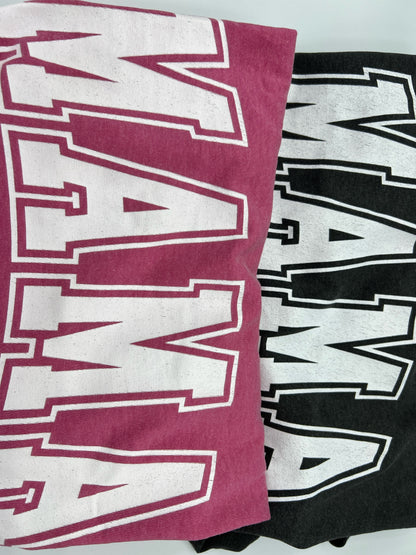 Nannette's Online Designs Mama graphic crewneck t-shirts in maroon and black with white collegiate-style lettering.