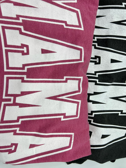 Nannette's Online Designs Mama graphic crewneck t-shirts in maroon and black with white collegiate-style lettering.