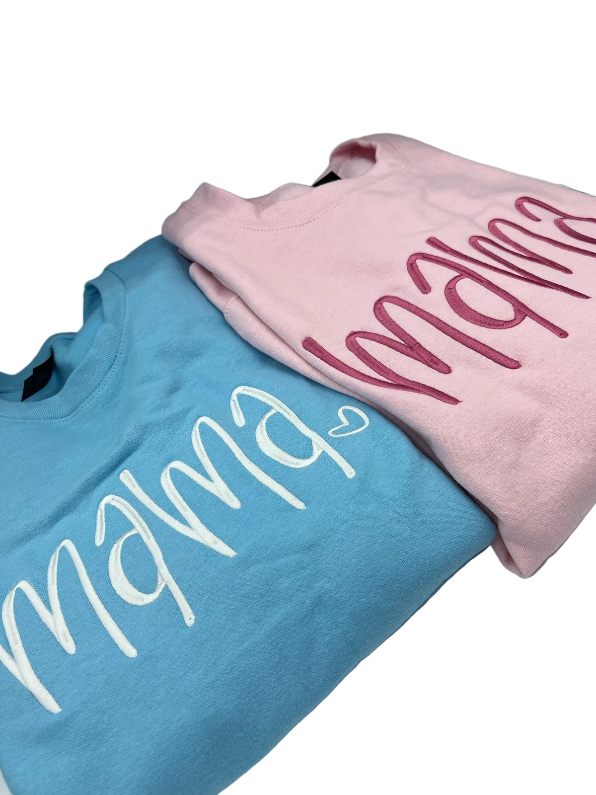 Nannette's Online Designs embroidered Mama crewneck sweatshirts in light blue and soft pink with script lettering
