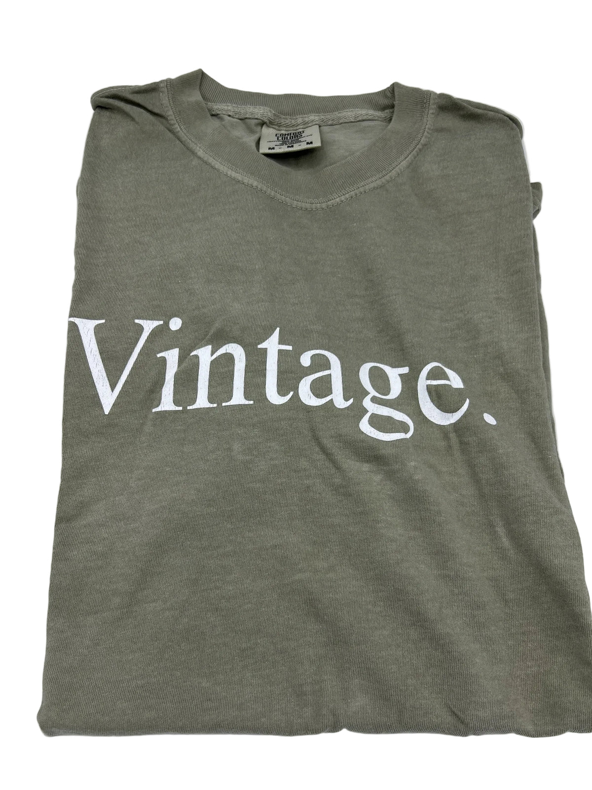 Nannette's Online Designs olive green heavyweight cotton crewneck t-shirt with white Vintage graphic print
