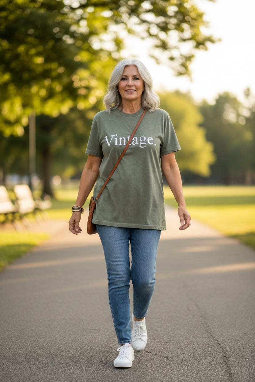Nannette's Online Designs olive green heavyweight cotton crewneck t-shirt with white Vintage graphic text