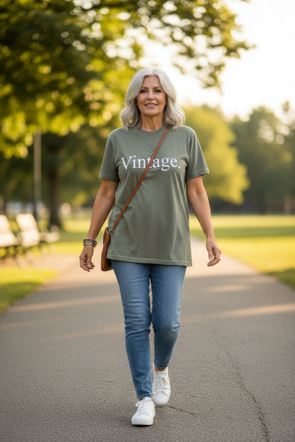 Nannette's Online Designs olive green heavyweight cotton crewneck t-shirt with white Vintage graphic text