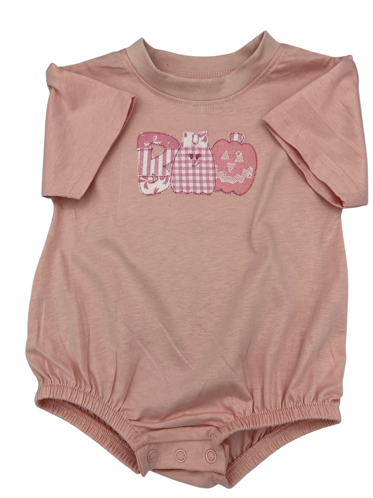 Nannette's Online Designs pastel pink infant bubble romper with a BOO applique featuring gingham and striped patterns.