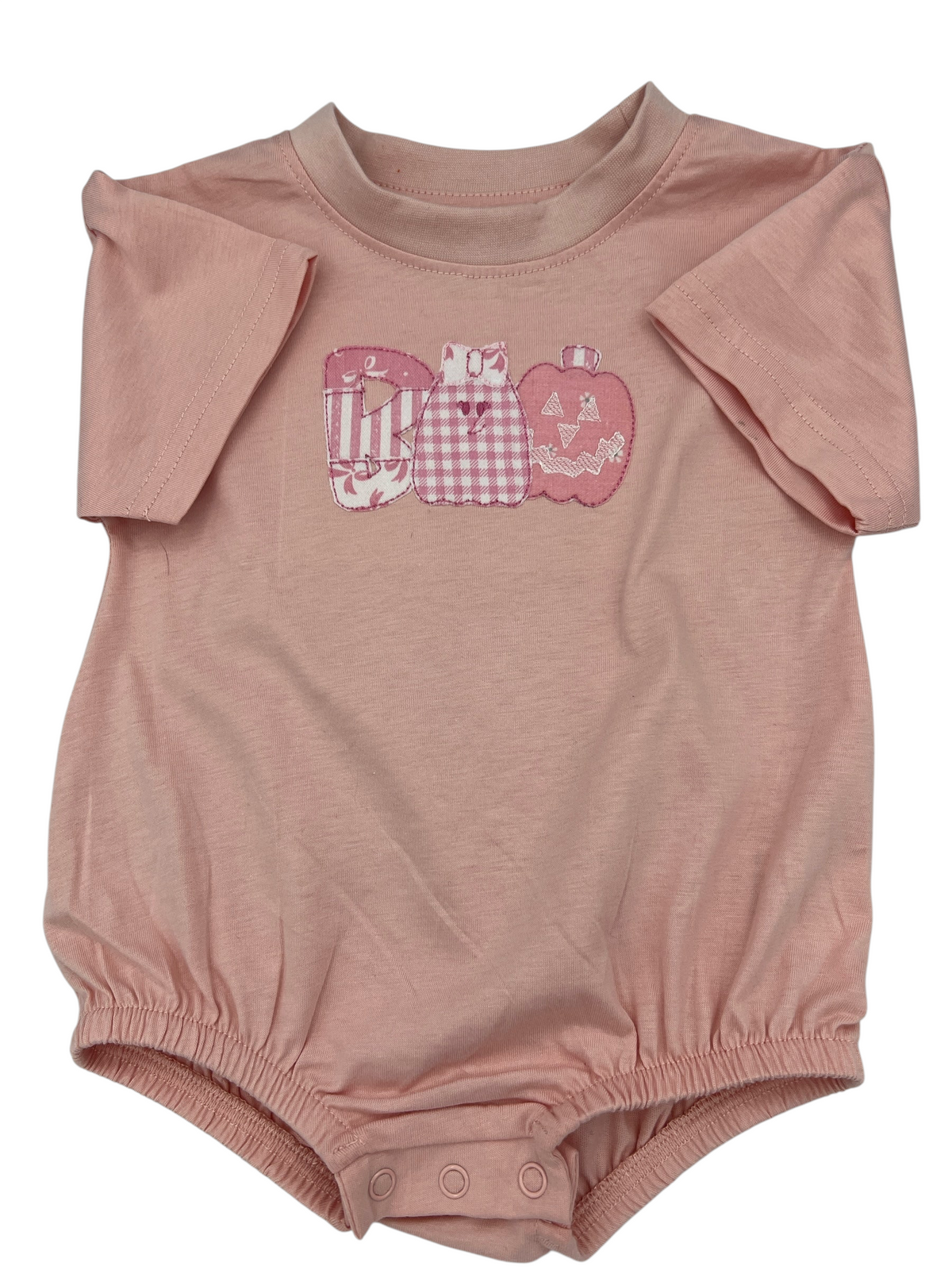 Nannette's Online Designs pink baby bubble romper featuring a BOO applique with striped and gingham pumpkin patterns.
