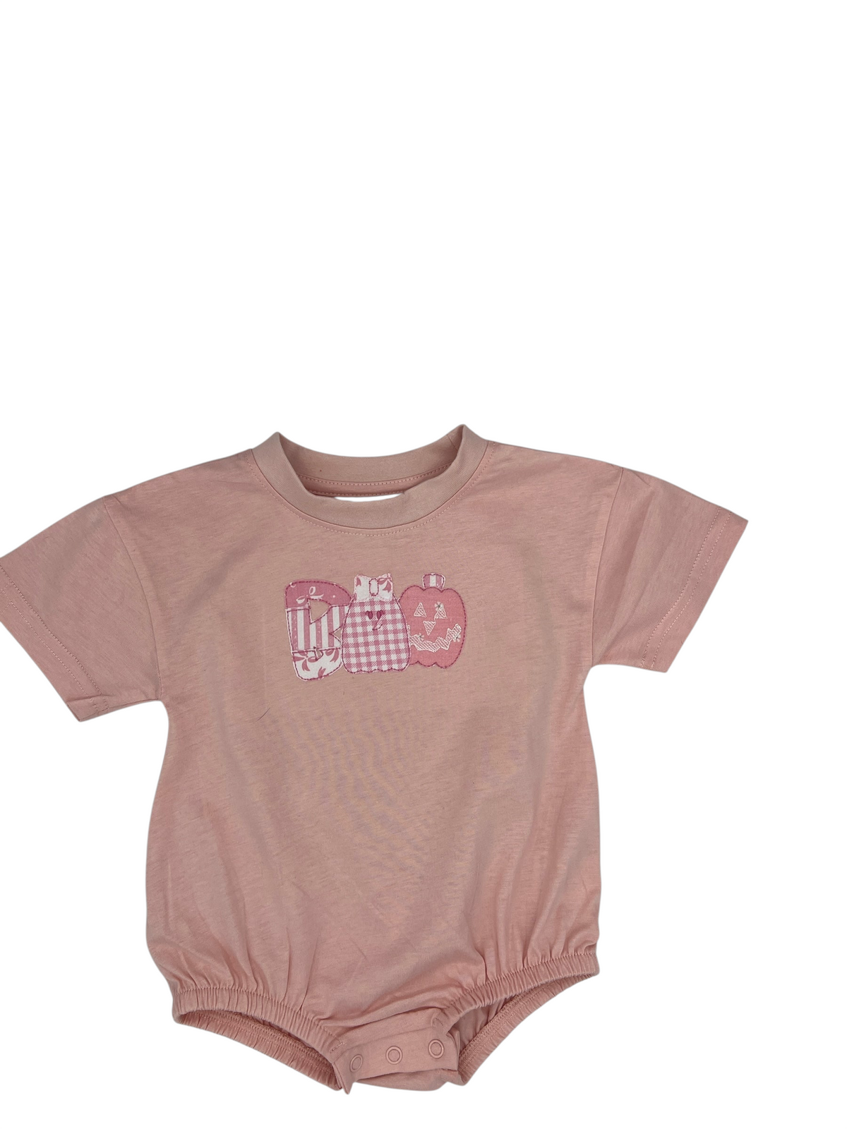 Nannette's Online Designs pastel pink baby bubble romper featuring a BOO applique with gingham and striped patterns.