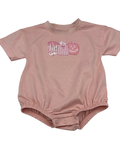 Nannette's Online Designs pastel pink infant bubble romper featuring a BOO applique with striped and gingham patterns.
