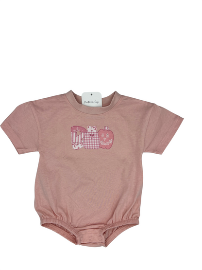 Nannette's Online Designs pastel pink infant bubble romper featuring a BOO applique with gingham and striped patterns.