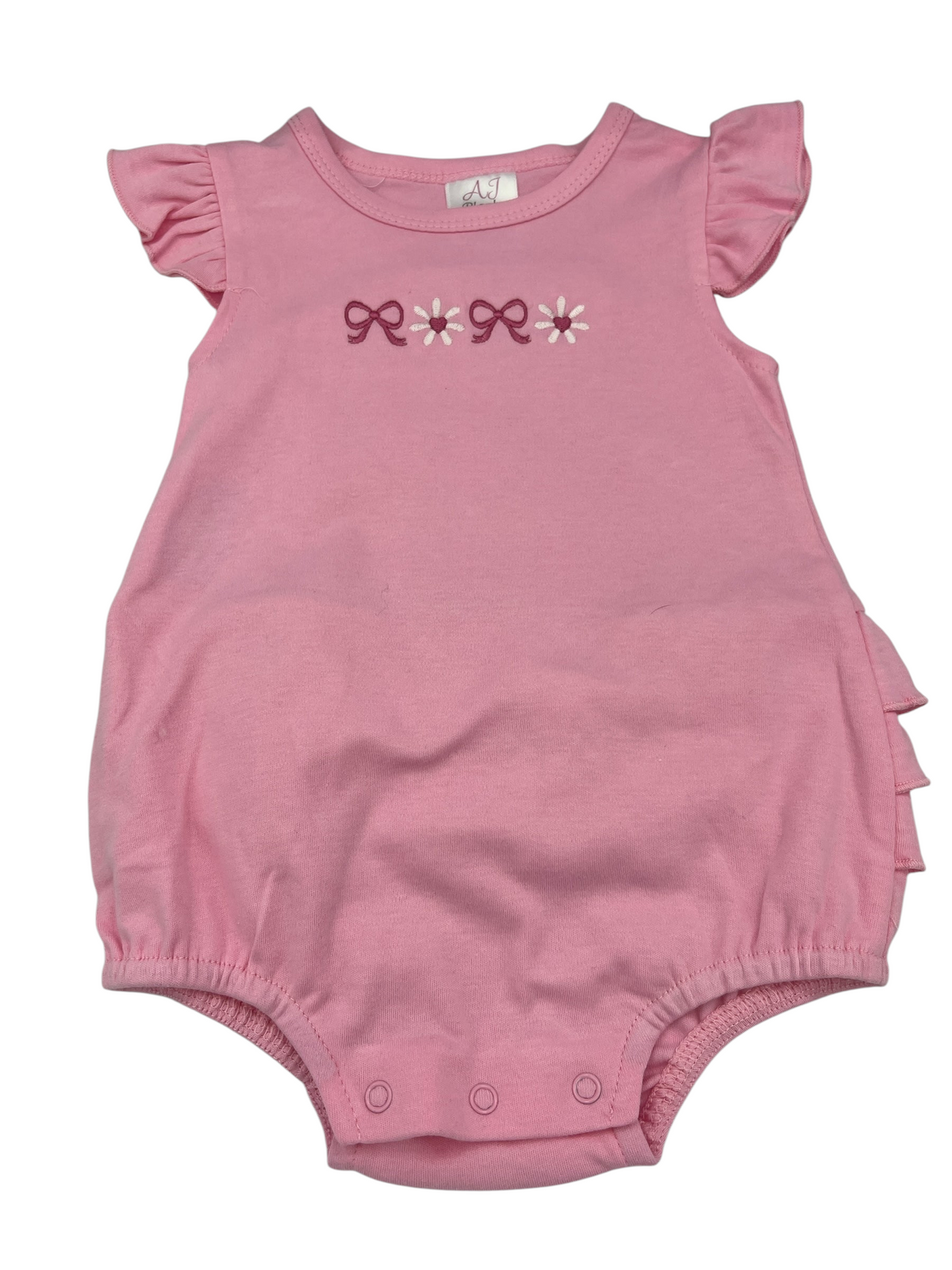 Nannette's Online Designs pink infant bubble romper with ruffle sleeves, bow embroidery, and bottom snap closures.