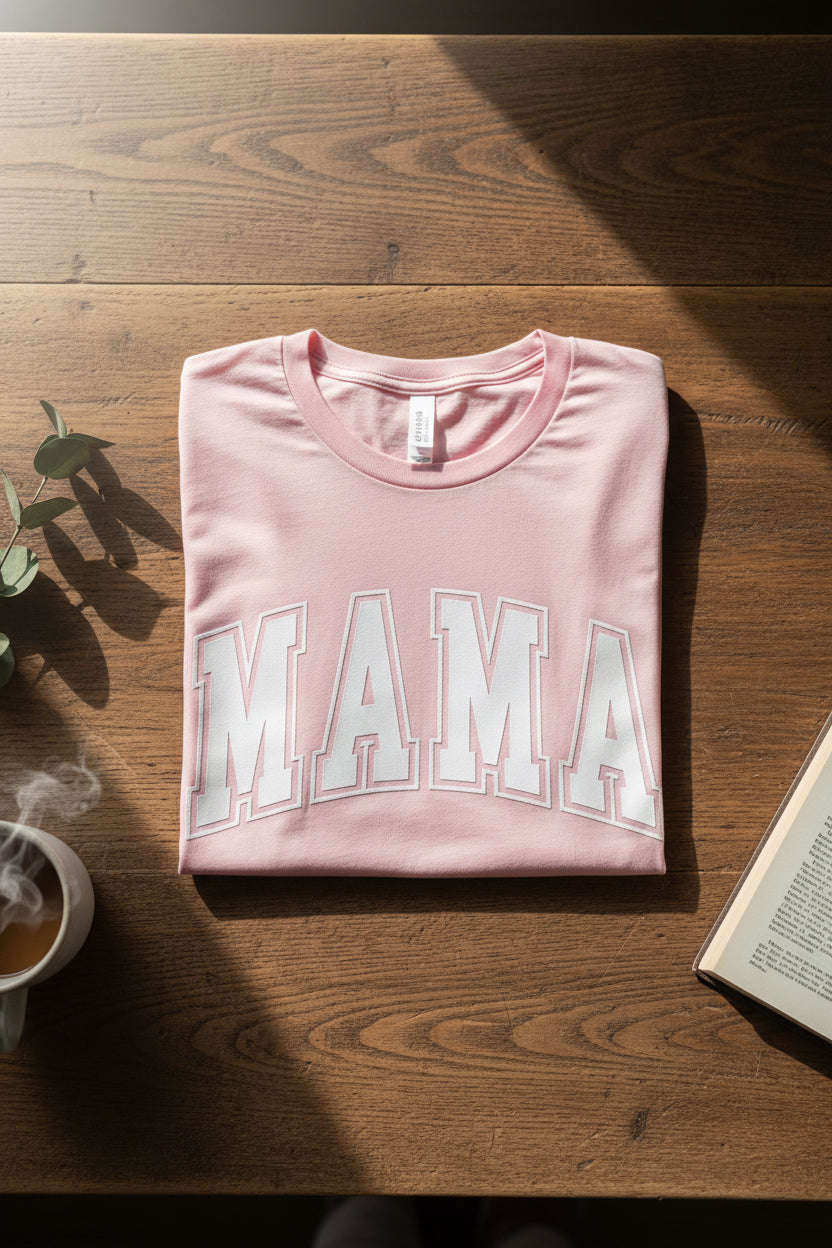 Nannette's Online Designs light pink crewneck t-shirt with white collegiate-style MAMA graphic print