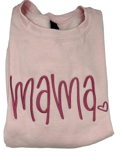 Nannette's Online Designs light pink crewneck sweatshirt with dark pink embroidered mama script and heart detail