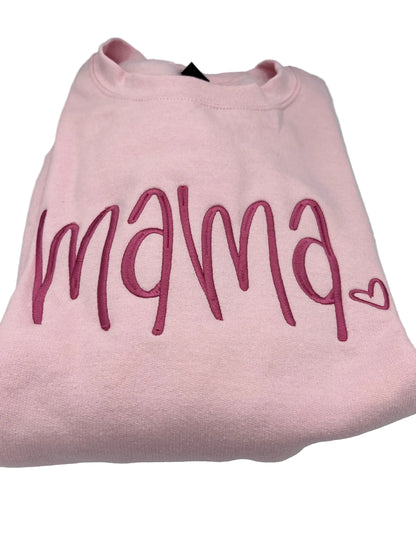 Nannette's Online Designs light pink crewneck sweatshirt with dark pink embroidered mama script and heart detail