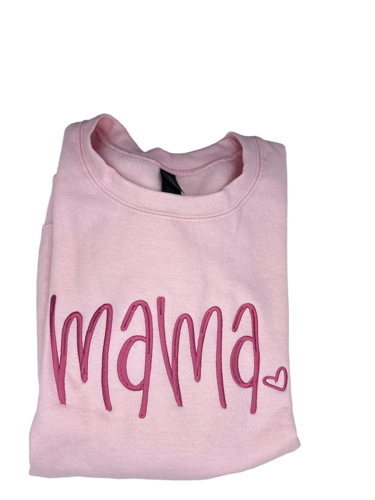 Nannette's Online Designs light pink crewneck sweatshirt with dark pink embroidered mama script and heart detail.