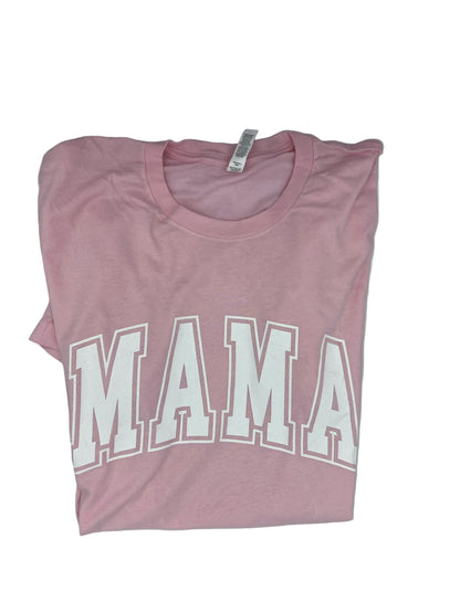 Nannette's Online Designs light pink crewneck t-shirt with white arched MAMA collegiate graphic print