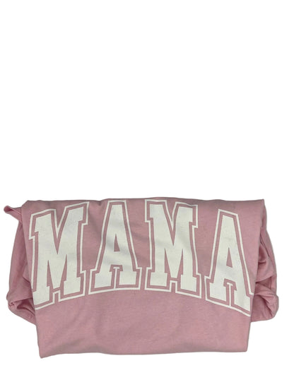 Nannette's Online Designs light pink crewneck t-shirt featuring white arched MAMA collegiate-style graphic lettering