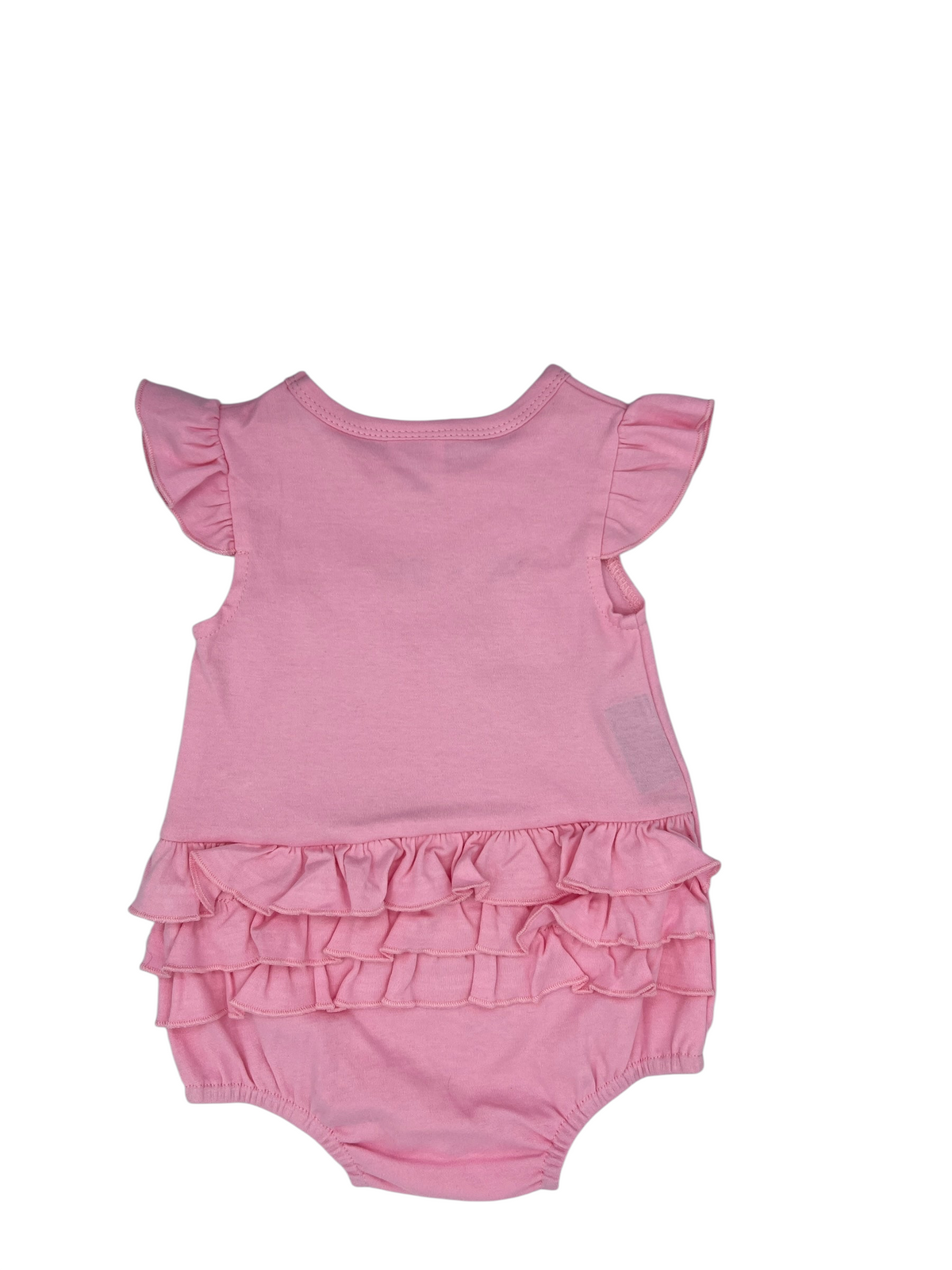 Nannette's Online Designs pink infant bubble romper featuring flutter sleeves and tiered back ruffles