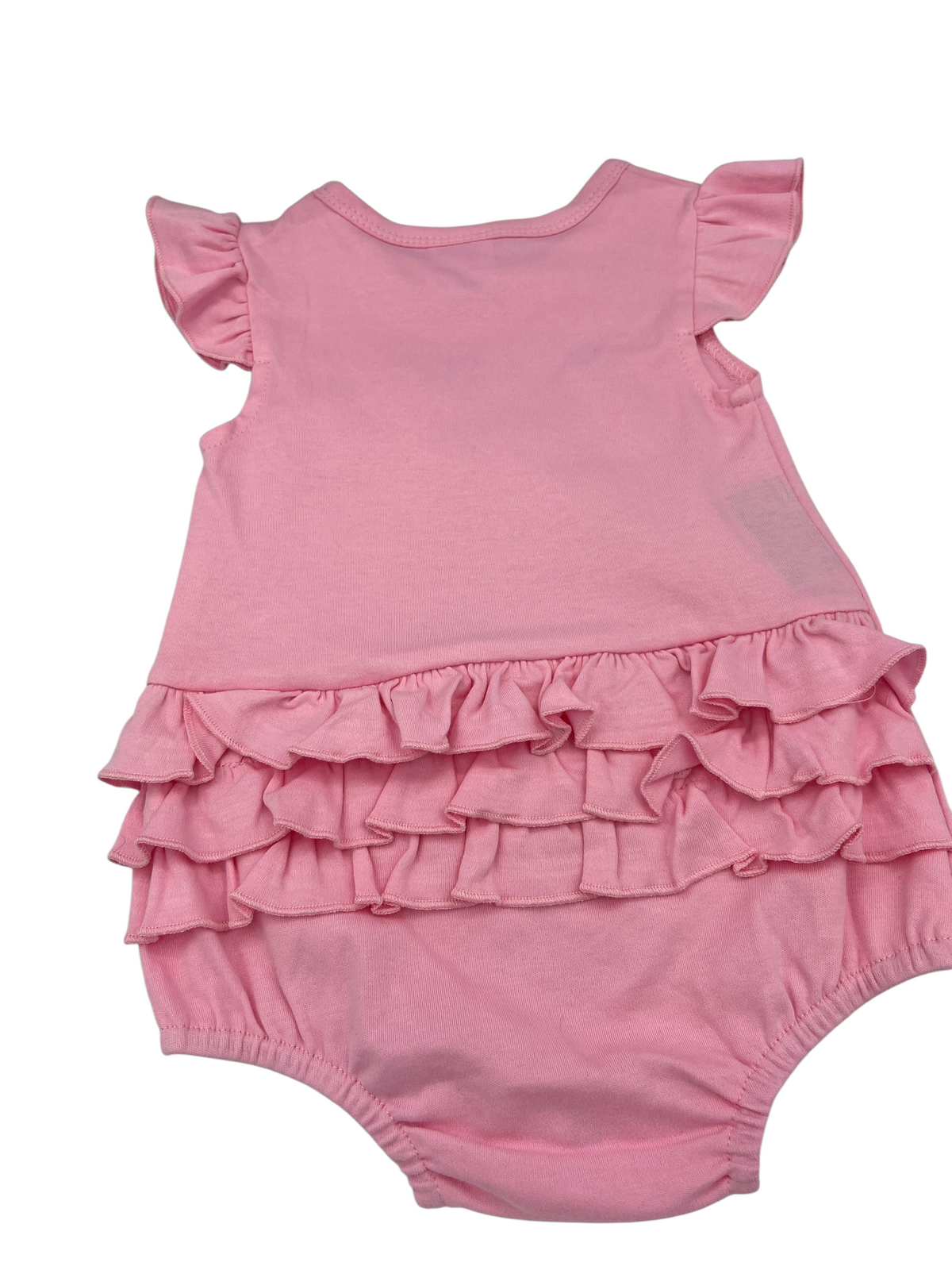 Nannette's Online Designs pink infant bubble romper featuring flutter sleeves and layered ruffles on the back