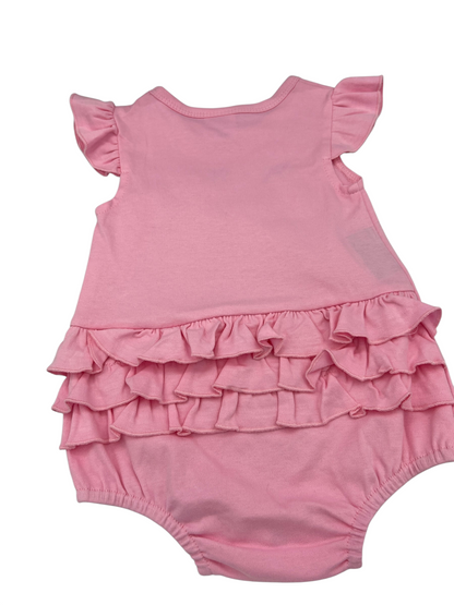 Nannette's Online Designs pink infant bubble romper featuring flutter sleeves and layered ruffles on the back