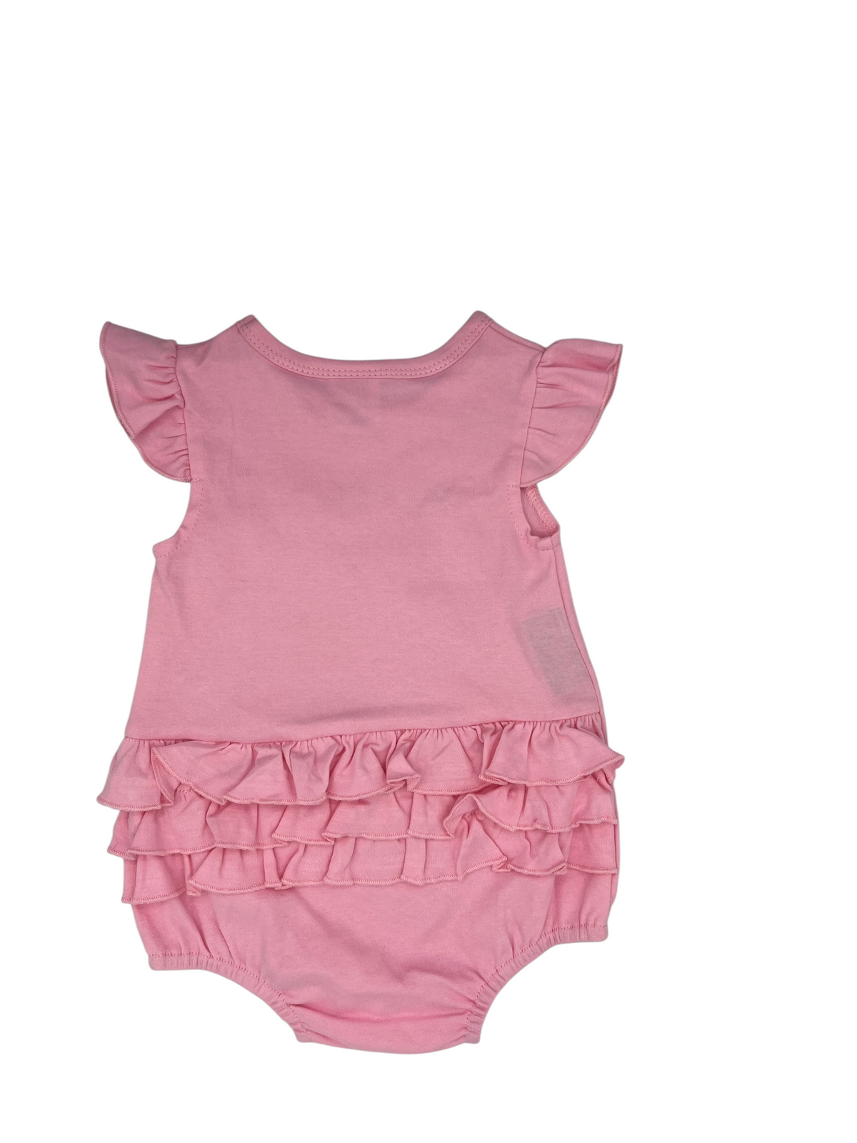 Nannette's Online Designs pink infant bubble romper with flutter sleeves and tiered back ruffles