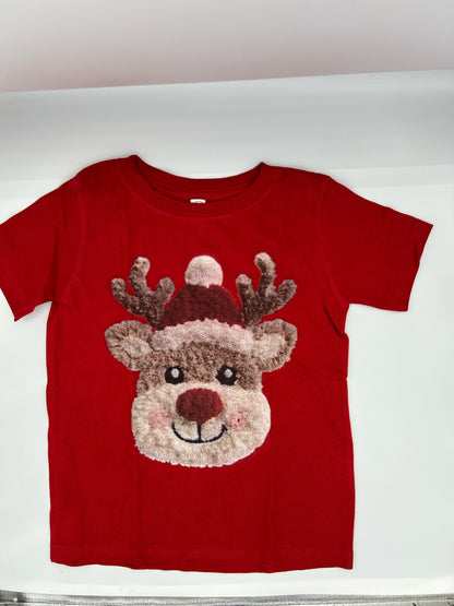 Nannette's Online Designs red short sleeve t-shirt featuring a textured reindeer graphic wearing a Santa hat.