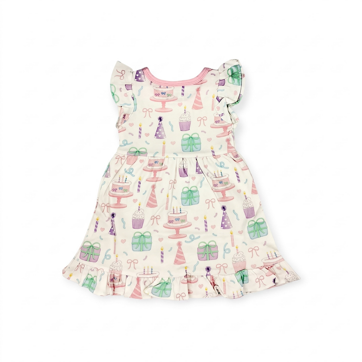 Nannette's Online Designs toddler birthday dress with pastel cake, cupcake, and gift print, flutter sleeves, and ruffles