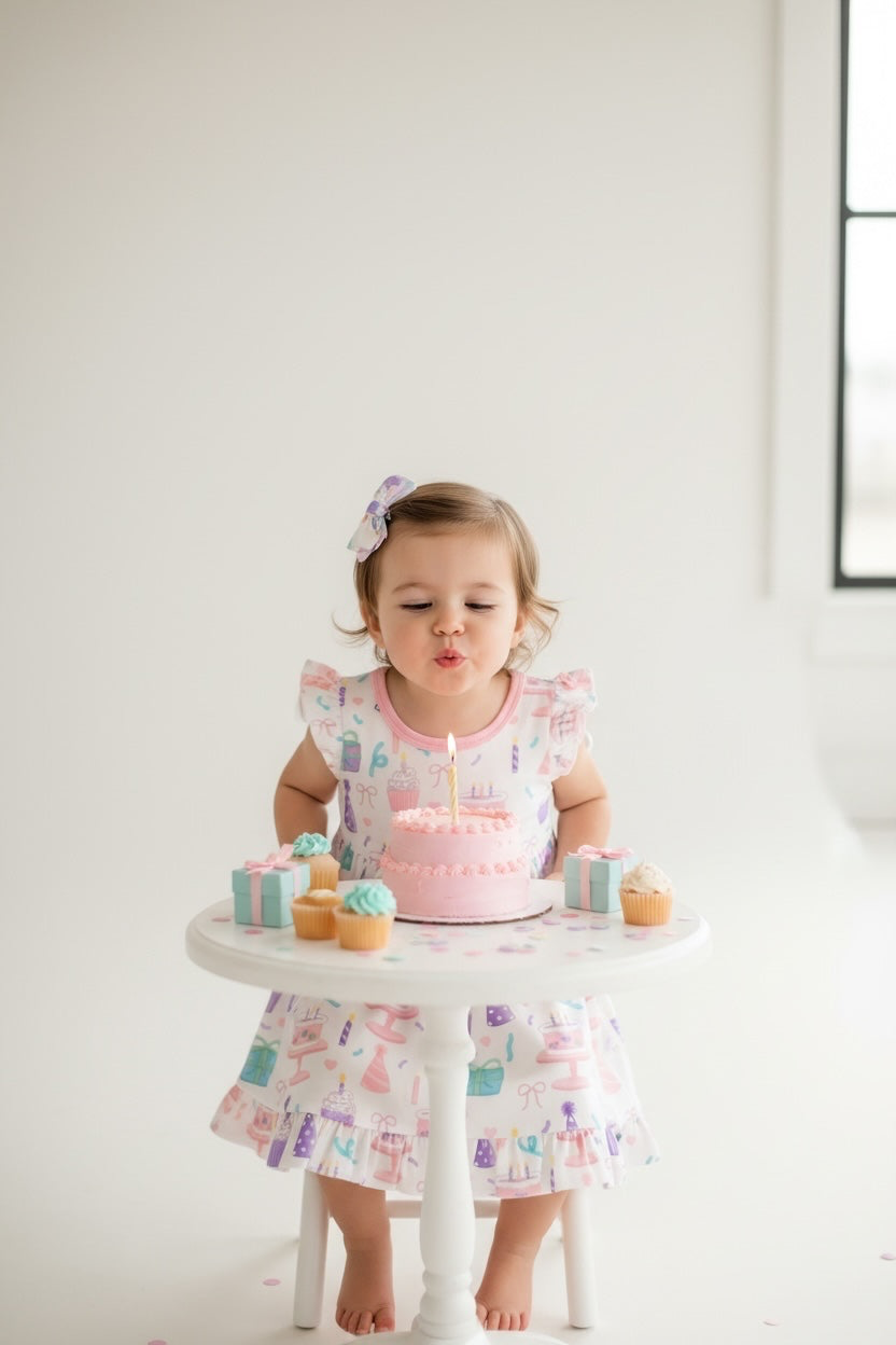 Toddler girl wearing a Nannette's Online Designs birthday dress with ruffle hem and cake print, blowing out a candle.