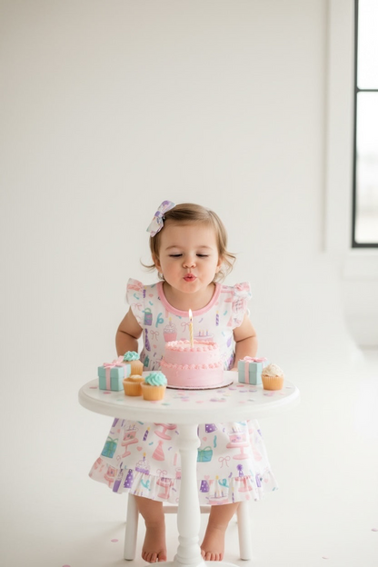 Toddler girl wearing a Nannette's Online Designs birthday dress with ruffle hem and cake print, blowing out a candle.