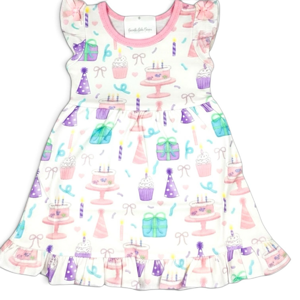 Nannette's Online Designs toddler birthday dress with pastel cake, cupcake, and gift print, flutter sleeves, and ruffles