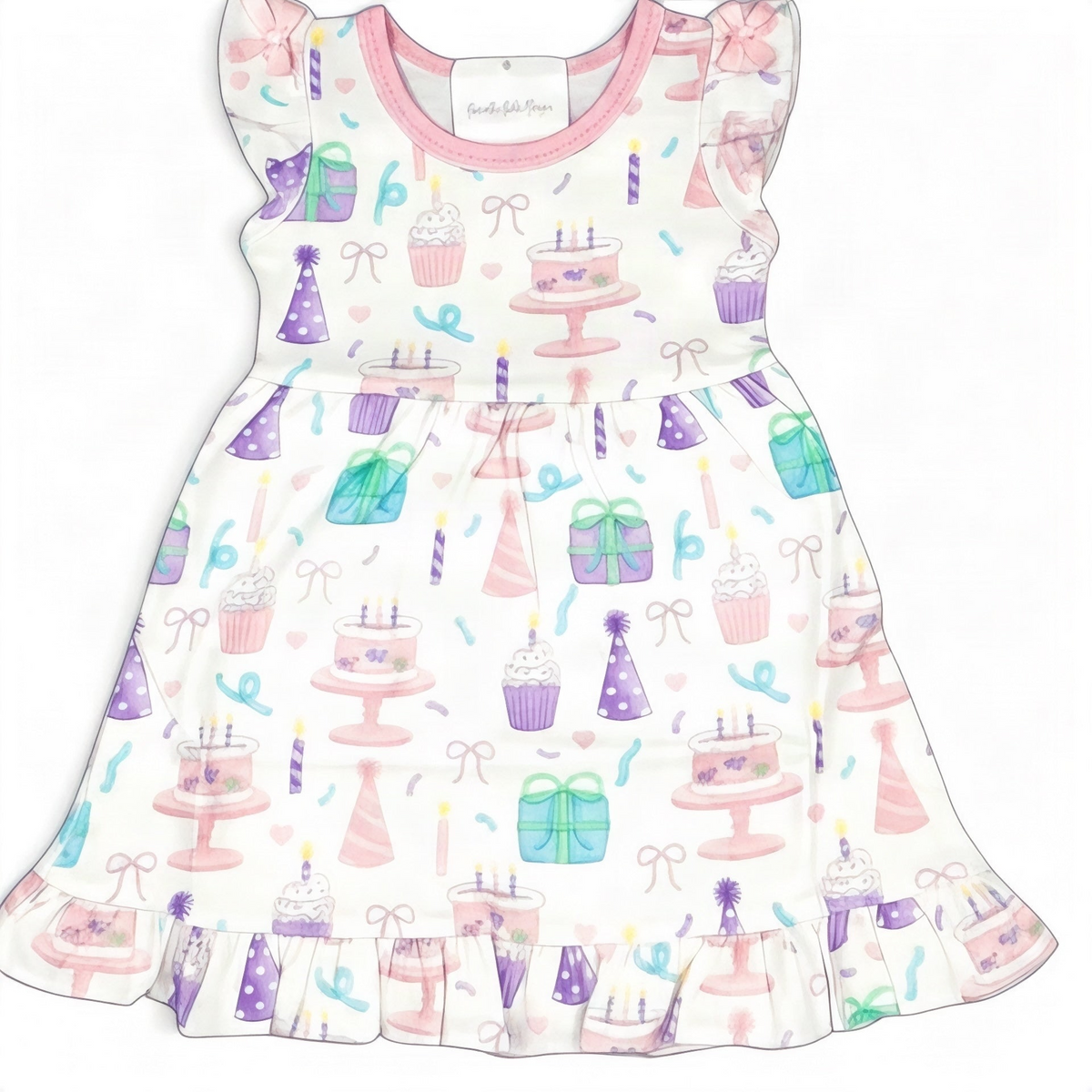 Nannette's Online Designs toddler birthday dress with pastel cake, cupcake, and gift print, flutter sleeves, and ruffles