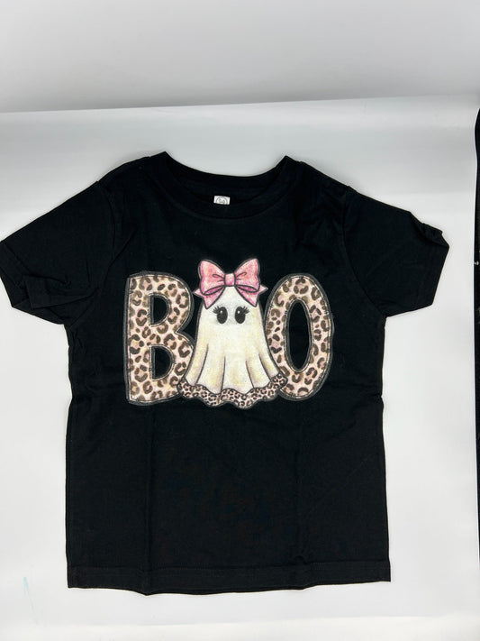 Nannette's Online Designs toddler black t-shirt with a leopard print BOO graphic and a ghost wearing a pink bow.